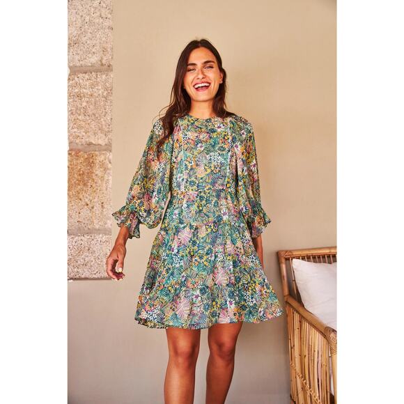 Kotidiano Floral Salma Dress Sheer Made in Spain Small Puff Sleeves Ruffle Boho - Picture 1 of 13